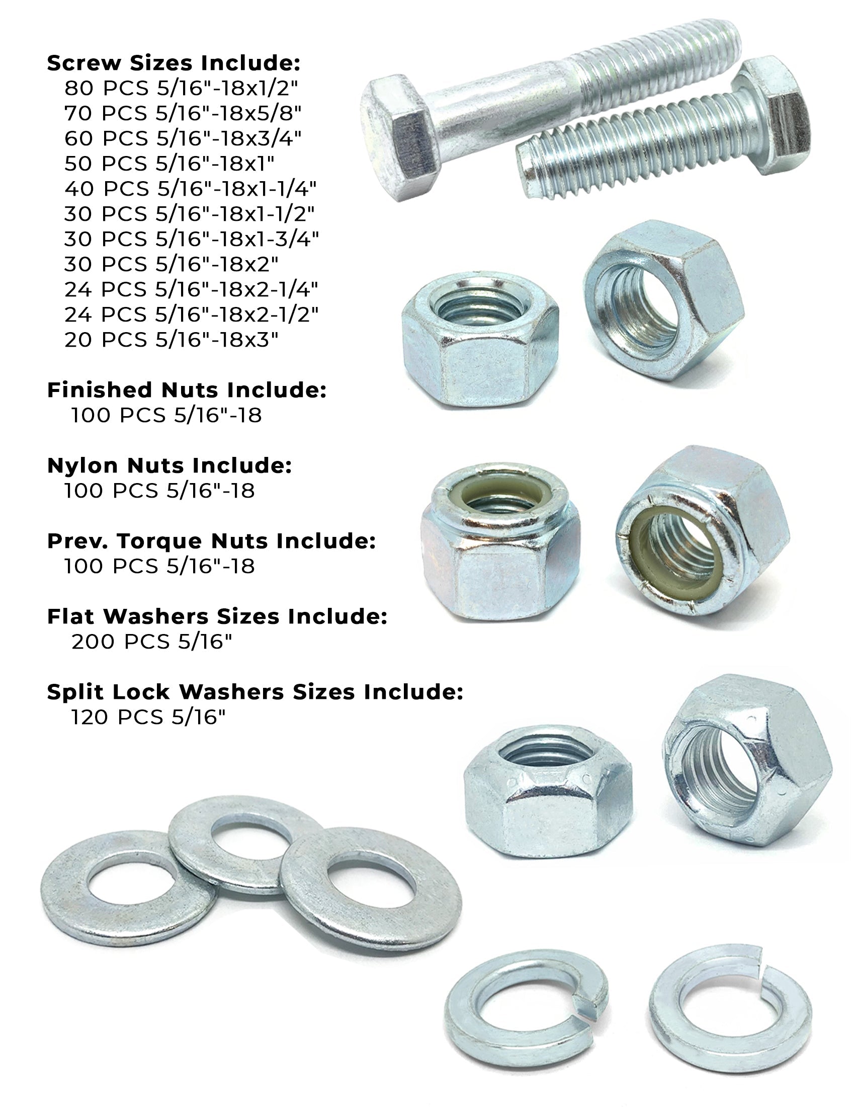 5/16"-18 Coarse Grade 5 Hex Cap Screws, Nuts, & Washers - 1079 PCS