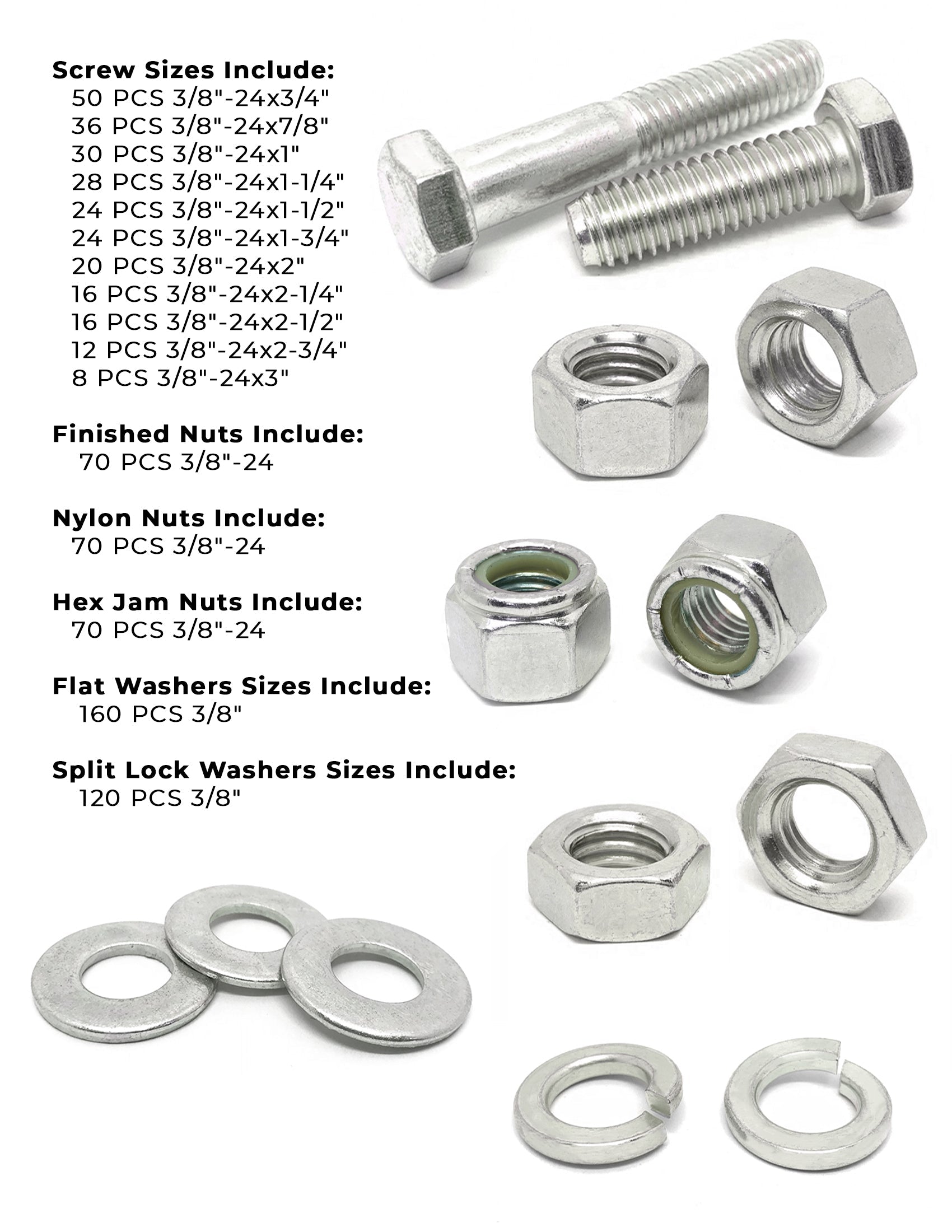 3/8"-24 Fine 18-8 Stainless Steel Hex Cap Screws, Nuts, & Washers - 755 PCS