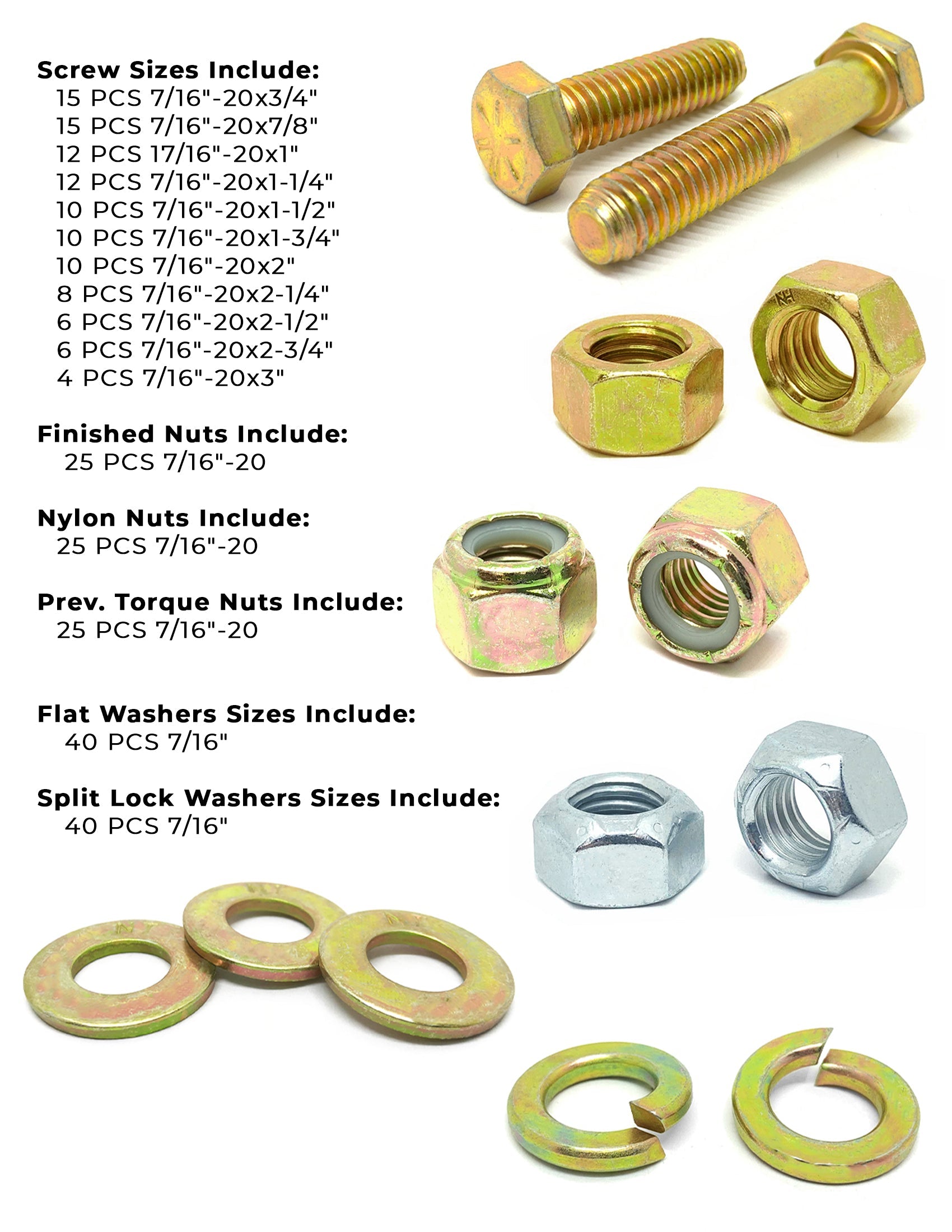 7/16"-20 Fine Grade 8 Hex Cap Screws, Nuts, & Washers - 264 PCS