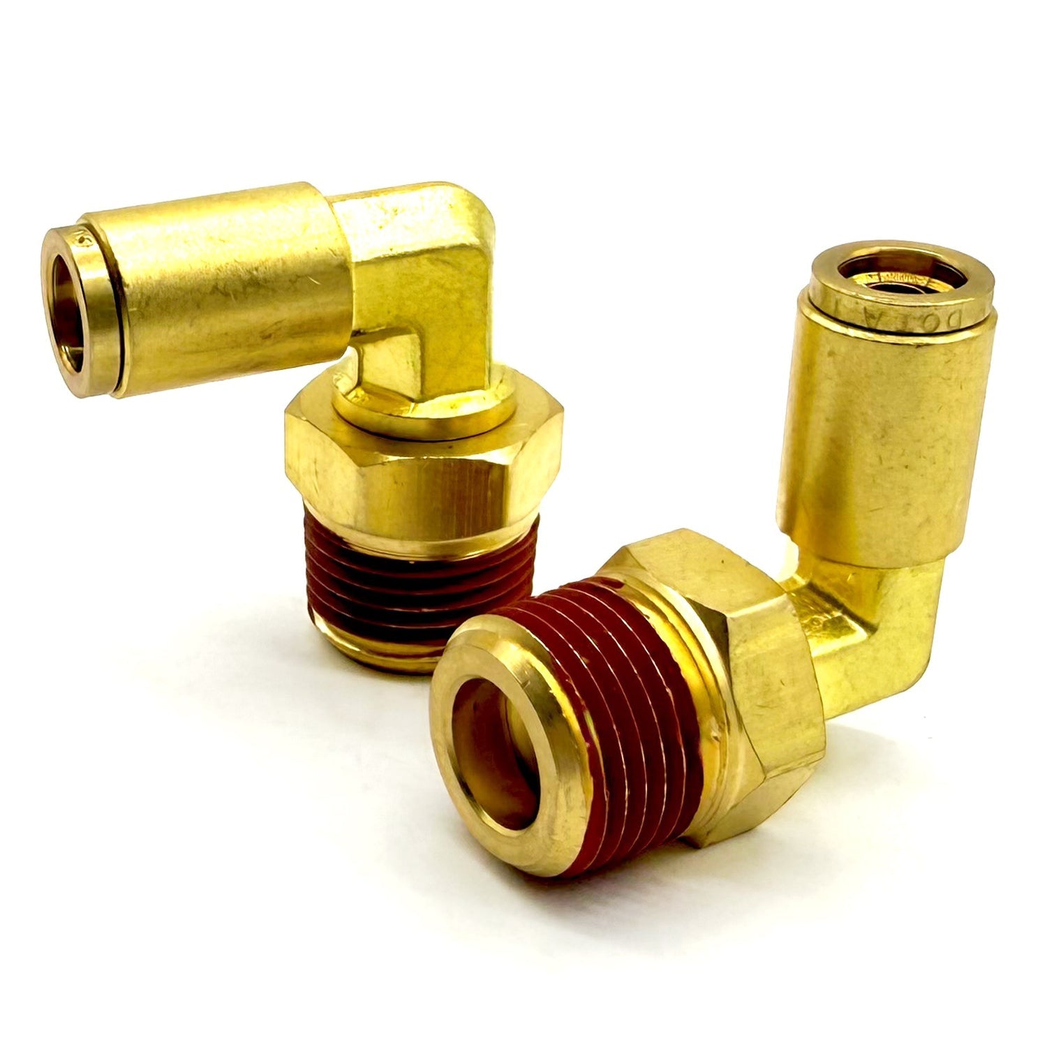 3/8" Tube to 1/4" NPT 90 Degree Elbow Male Pipe Connector, Brass D.O.T. Push to Connect Air Brake Fitting with Red Acrylic Thread Sealant