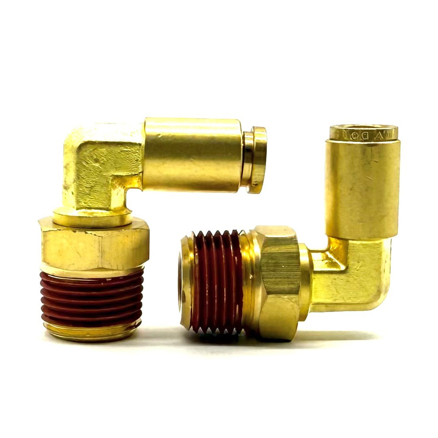 3/8" Tube to 3/8" NPT 90 Degree Elbow Male Pipe Connector, Brass D.O.T. Push to Connect Air Brake Fitting with Red Acrylic Thread Sealant
