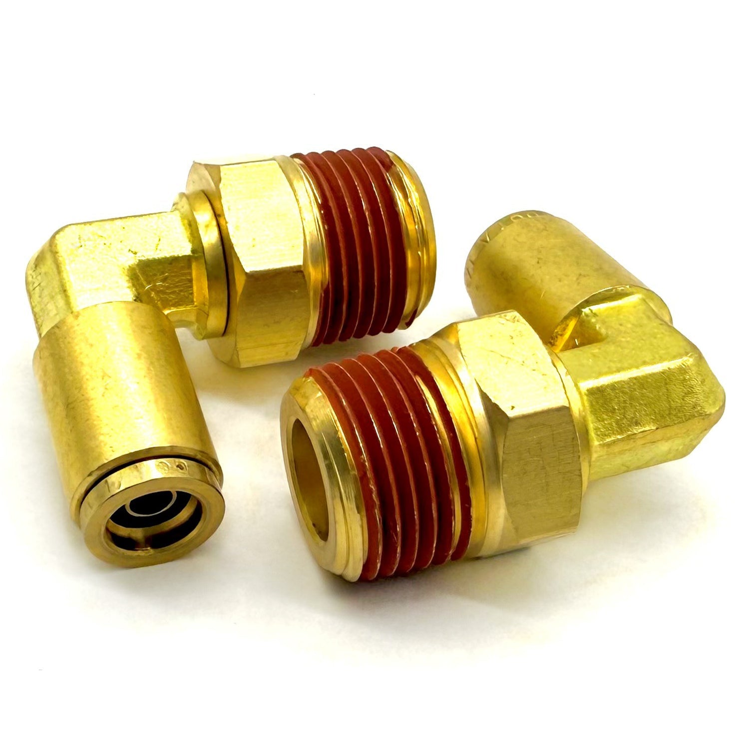 1/4" Tube to 1/8" NPT 90 Degree Elbow Male Pipe Connector, Brass D.O.T. Push to Connect Air Brake Fitting with Red Acrylic Thread Sealant