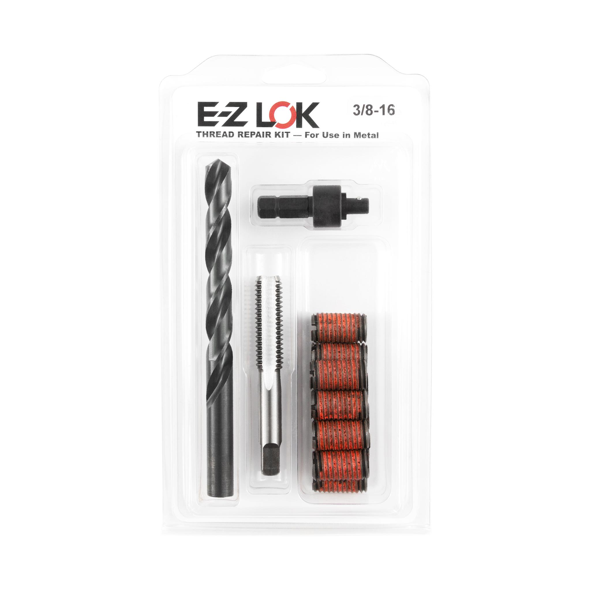 3/8"-16 x 9/16"-12 x 1" Length Carbon Steel Solid Wall Threaded Insert W/Red Loctite Standard Repair Kit with Inserts, Drill Bit, Tap, and Install Tool